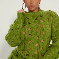 Beautiful Green Oversized Fashionable Sweater. With A Beautiful Hole Design. May Be Worn With A Tank Underneath. Generously Sized May Fit Small To Large. Nwot Winter Knit Sweater With Hollow Out Design, Trendy Hollow Out Sweater For Winter, Winter Knit Sweater With Hollow-out Details, Winter Hollow-out Knit Sweater, Oversized Open Knit Green Sweater, Oversized Green Open Knit Sweater, Green Long Sleeve Open Knit Outerwear, Oversized Sweater, Sweater Fashion