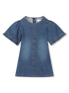 indigo blue stretch-cotton washed denim embroidered logo frayed edge round neck rear zip fastening short sleeves A-line skirt straight hem Indigo Short Sleeve Denim Dress, Washed Blue Denim Dress With Short Sleeves, Denim Blue Cotton Dress With Frayed Hem, Blue Denim Dress With Frayed Hem And Short Sleeves, Blue Short Sleeve Denim Dress With Frayed Hem, Cotton Denim Dress With Frayed Hem And Short Sleeves, Denim Dress With Frayed Hem And Short Sleeves, Embroidered Denim Dress, Denim Jacket Short