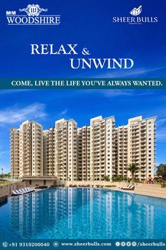 a large swimming pool in front of a building with the words relax and unwind