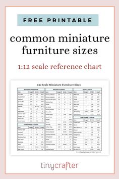 the free printable common miniature furniture sizes for scale reference chart, with text overlay