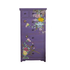 a purple dresser with flowers painted on it