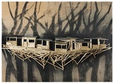 an artistic photo of a boat made out of sticks and wood with trees in the background