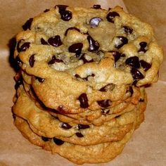 chocolate chip cookies stacked on top of each other