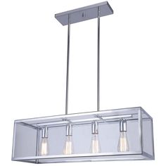 three lights hanging from a ceiling fixture with clear glass panels on the bottom and sides