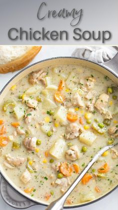 a bowl of chicken soup with bread on the side and text overlay reading creamy chicken soup