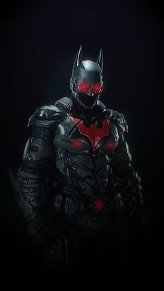 the dark knight from batman ark, with red glowing eyes and armor on his chest