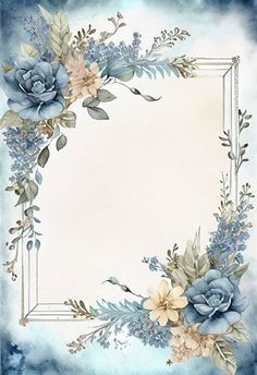 a watercolor painting with blue flowers and leaves