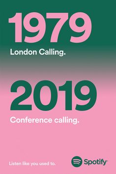 a pink and green poster with the words london calling 2019 conference calling written on it