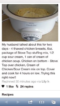 an image of food cooking in the crock pot on facebook, with caption that reads my husband talked about this for two days