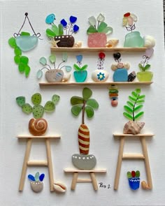 several wooden shelves filled with different types of vases and plants