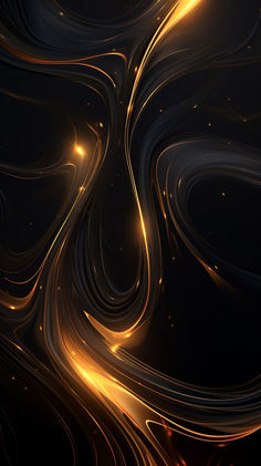 an abstract black and gold background with swirly lines in the center, glowing from below