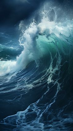 an ocean wave with dark blue water and white foam