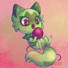 a drawing of a green cat holding a ball