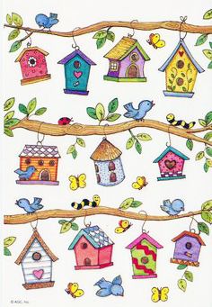 birds and birdhouses hanging on a tree branch