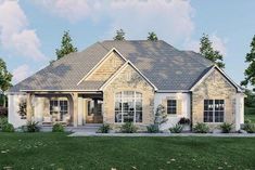 this is an artist's rendering of the front elevation of these ranch house plans