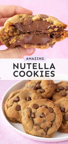 chocolate chip cookies are stacked on top of each other and the words, amazing nutella cookies