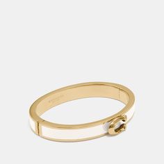 Gold-plated brass Hinged closure "Available at Coach Outlet" Brass Hinges, Dope Jewelry, Coach Outlet, Hinged Bangle, Cartier Love Bracelet, Gold Bangles, Purple Gold, Belt Size, Bangle Bracelet