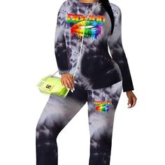 Women Lgbtq Two Piece Outfit Tie Dye Shirt Sportswear + Bodycon Joggers Pants Black Crew Neck Sports Set, Casual Multicolor Long Sleeve Sets, Leisure Cotton Black Sets, Leisure Black Cotton Set, Leisure Cotton Sets In Black, Black Crew Neck Sets With Graphic Print, Black Graphic Print Sets With Crew Neck, Black Graphic Print Crew Neck Set, Casual Multicolor Sets For Fall