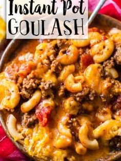 the instant pot goulash recipe in a skillet with pasta and cheese on top