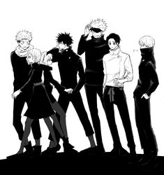 some anime characters are standing together in black and white