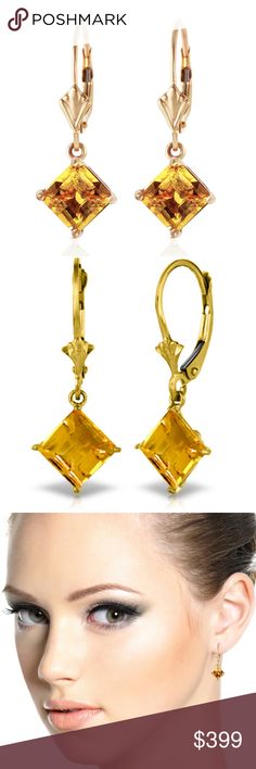 14K. GOLD LEVERBACK EARRINGS WITH NATURAL CITRINES Item: 1840  Description 14K. GOLD LEVERBACK EARRINGS WITH NATURAL CITRINES (Yellow Gold)  An extraordinary pair of 14k. Solid Gold Lever Back earrings, each featuring a square-shaped Natural Citrines.  Item Information Metal: 14K. Solid Gold Metal Weight: 2.00 gr. Gemstones 2 Square shape, 6X6 mm, Citrine = 3.20 ct Measurements Height: 1.04 in ( 26.4 mm) Width: 0.37 in ( 9.4 mm) Galaxy Gold Products Jewelry Earrings Leverback Earrings, Square Shape, Citrine, Gold Metal, Solid Gold, Jewelry Earrings, Yellow Gold, Drop Earrings, Gemstones