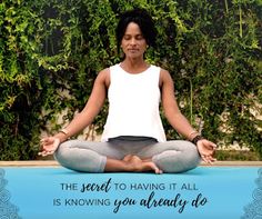 a woman sitting in the middle of a yoga pose with an inspirational quote above her