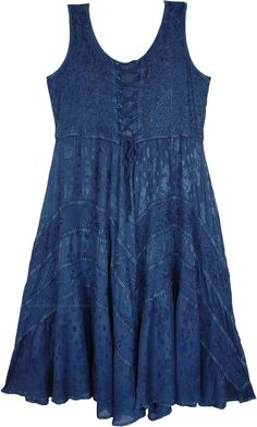 A perfect all-season dress, especially because of its royal blue denim shade.  The dress has a beautiful lace work alongside the stylized panels. #tlb #Sleeveless #Embroidered #Lace #MedievalDress #RenaissanceDress #WesternDress #RayonDress Blue Sleeveless Dress With Lace Patchwork, Blue Cotton Dress With Lace Patchwork, Marceline Fashion, Pearl Market, Earthy Girl, Violet Harmon, Otherworldly Beauty, Dress Medieval, Witchy Outfits