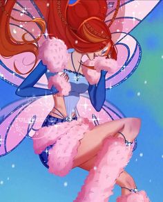 a woman dressed as a fairy with pink hair and wings on her back, standing in front of a blue sky