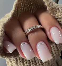 French With Glitter Base, Wedding Guest Nails Square, Nude Square Nails Short, Natural Elegant Nails, Short Nails Ideas Glitter, Clean Nails Look Natural, White And Gray Nails, White Simple Nails, Wedding Guest Nails Ideas Classy