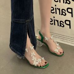 Green Summer 2024 Sandals for Women Footwear Transparent Crystal High Heels Thick Heel Ladies Shoes Heels Thick Heel, Crystal High Heels, Women Footwear, Thick Heel, Ladies Shoes, Sandals For Women, Thick Heels, Sandal Fashion, Womens High Heels