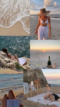 a collage of photos with people laying on the beach and in the water at sunset