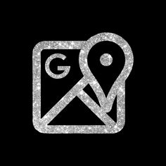 a black and white icon with the letter g in it's center, surrounded by silver glitter