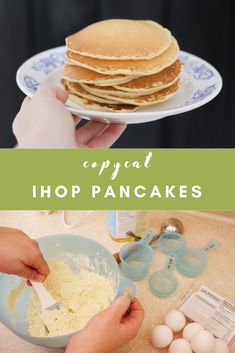 pancakes are being prepared on a plate with eggs