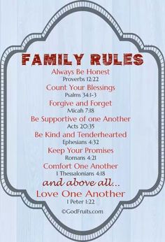 the family rules poster is displayed on a wooden plaque with red and white trimming