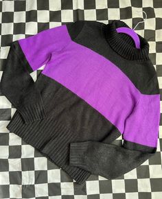 "80's Betsey Johnson Punk Label Acrylic Color Block Purple Stripe Black Turtleneck Sweater A rare basic moment for Betsey! A great combo of basic and bright, a black turtleneck with a bright ultraviolet purple color block stripe across the bust. Some light pilling, but otherwise nice and soft acrylic knit. 80's punk label with the pretty lady face.  15\" Shoulders 28\" Sleeve 38-44\" Bust 32-36\" Waist 24\" Total Length" Scout Design, Floral Gown Dress, Purple Color Block, Lady Face, Lose Control, Black Turtleneck Sweater, Nylon Dress, Designer Maxi Dress, Purple Outfits