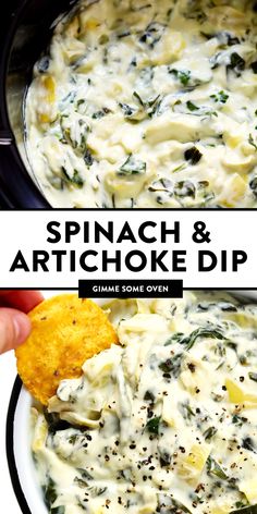 spinach and artichoke dip in a crock pot with a cracker