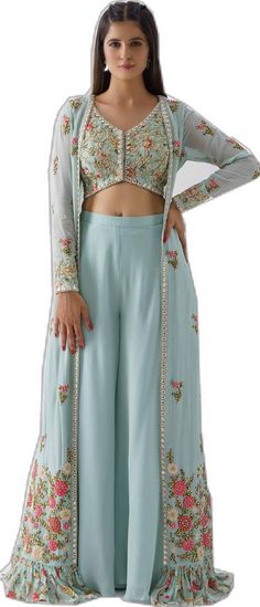 Georgette Palazzo Set With Floral Embroidery, Long Sleeve Georgette Palazzo Set With Floral Embroidery, Georgette Long Sleeve Palazzo Set For Spring, Blue Long Sleeve Palazzo Set With Floral Embroidery, Blue Georgette Palazzo Set With Floral Embroidery, Blue Floral Embroidered Georgette Palazzo Set, Embroidered Pants, Jacket For Women, Fashion App