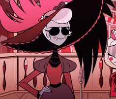 a cartoon character with long black hair wearing sunglasses and a red dress standing in front of a pink background