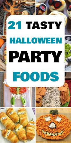 21 tasty Halloween party foods displayed in a fun and creative manner. Easy Party Appetizers Halloween, Halloween Pitch In Food, Meatballs For Halloween Party, Potluck For Halloween, Ghouls Night Party Food, Food To Bring To A Halloween Party, Halloween Cookout Food, Halloween Gathering Food, Halloween Goulish Food