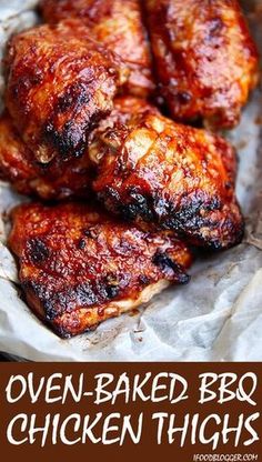 oven - baked bbq chicken thighs with text overlay