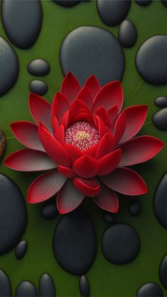 an overhead view of a red flower surrounded by black rocks and water droplets on a green surface