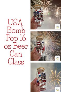 fireworks are in the sky and on top of a glass jar filled with beer glasses