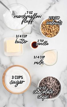 ingredients to make chocolate chip cookies on a white marble counter top with text overlay