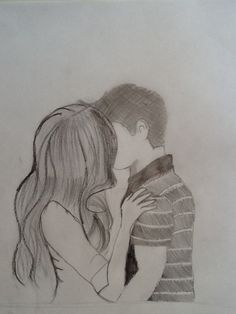 a pencil drawing of a man kissing a woman's head with her arm around him