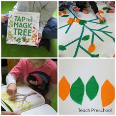 four different pictures show children cutting paper with scissors and tape on the table, while one child holds a book in front of them