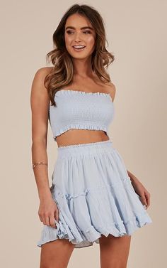 Look sleek, sexy and sophisticated in the Outside The Line Two Piece Set! This two piece skirt set features a straight neckline and no sleeves. You'll be sure to leave an impression! Pair with some… More Cute Skirts For Summer, Blue Outfit Summer, White And Blue Outfits, Cute Two Piece Outfits, Skirts For Summer, Summer Teen, Dusty Blue Bridesmaid Dresses, Top Wedding Dresses, Blue Bridesmaid Dresses