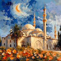 an oil painting of a mosque with orange flowers in the foreground and a full moon in the background