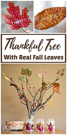 thanksgiving tree with real fall leaves in vases and candles on the table for decoration