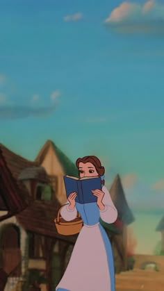 an animated image of a woman reading a book in front of a house with a sky background