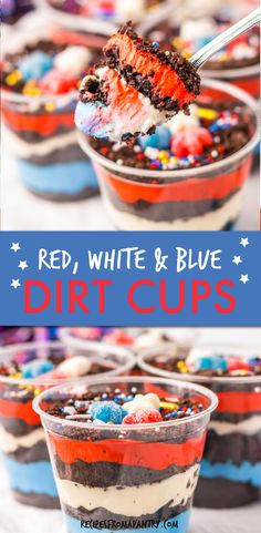 red, white and blue dessert cups with candy in them